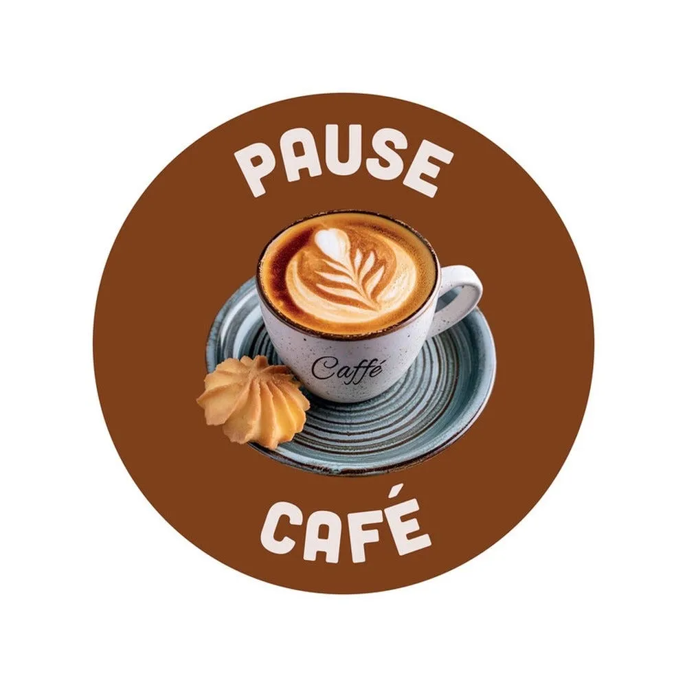 Adhésif vitrophanie 'pause café' de Ø 30cm (pose intérieure)